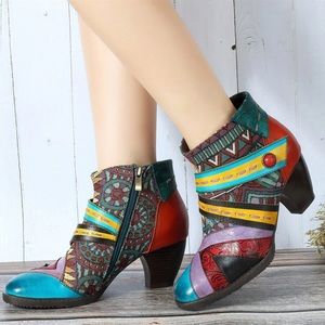 Socofy Bohemian Colorful Stripes Ankle Leather Boots Size 41 / 10